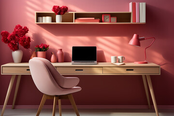 Fragment of stylish minimalist monochrome interior of modern office room in pastel carmine red and pink tones. Large desktop, laptop, office tools. Creative design. ia generated