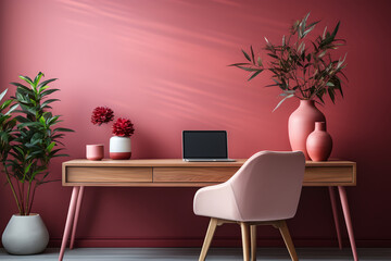 Fragment of stylish minimalist monochrome interior of modern office room in pastel carmine red and pink tones. Large desktop, laptop, office tools. Creative design. ia generated