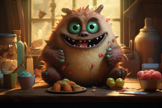 Humorous Cute monster eating. Funny kid bakery. Generate Ai