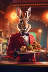 bunny hare work in cafe fast food waiter profession realistic humanized photography smiling
