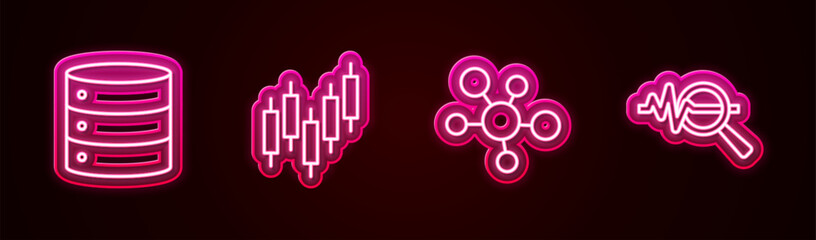 Set line Server, Browser with stocks market, Mind map infographic and Search data analysis. Glowing neon icon. Vector