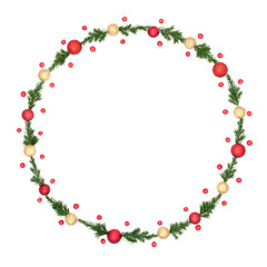Christmas red and gold bauble juniper fir winter wreath decoration. Minimal  Noel, Yule frame design for card, invitation, logo, card, menu. On white.