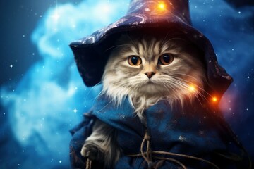 Playful Cute wizard cat. Hat holiday costume. Generate Ai