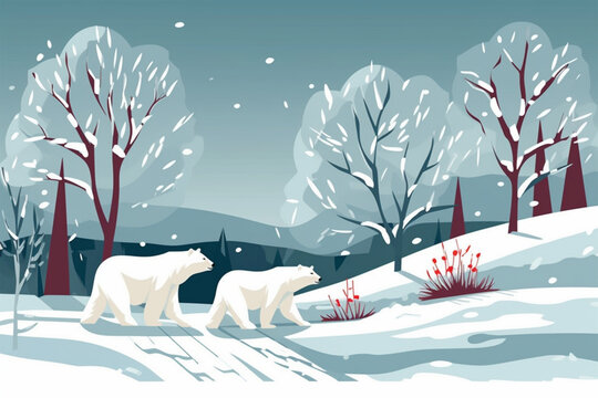 cartoon style of a pair of bears in the snow