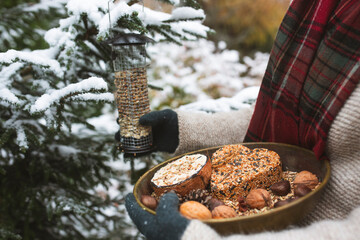 Winter birds feeding. A woman feeds birds in winter