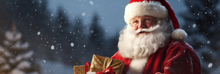 Santa Claus with Christmas presents banner, spreading joy