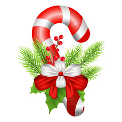 Christmas Candy Cane Decorated With A Bow, cherry and fir leaves illustration