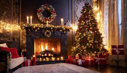 fireplace with christmas tree and decorations