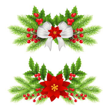 Christmas wreath of fir branch, cherry leaves and red white shiny ribbon