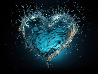Wet heart in light blue water with water drops is flying on the black background. Generative Ai