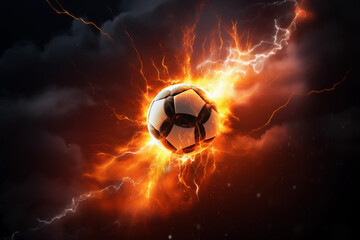 A soccer ball surrounded by intense lightning and fiery energy, symbolizing an epic football match