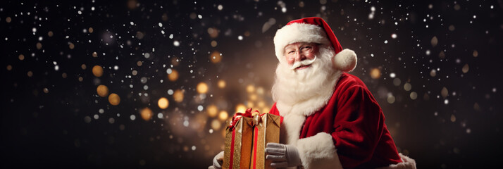 Santa Claus with Christmas gifts banner for a festive night