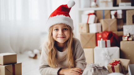 Smiling little girl with lots on Christmas gifts on Christmas morning, wearing sweater and Santa hat, horizontal photo with copy space, white living room