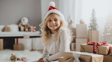 Child wearing a Santa hat with lots of Christmas gifts sitting in white hygge living room with Christmas tree, smiling happy blonde girl smiling, Scandi interior, copy space photo for invitation