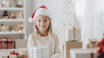 Little girl wearing a Christmas hat surrounded with Christmas gifts sitting in white hygge living room on Christmas morning, smiling happy child, Scandi interior, photo with copy space for invitation