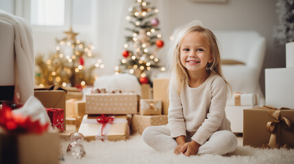 Child sitting on the floor with Christmas tree and Christmas gifts, modern Scandi living room, hygge interior, little 5 years old blonde girl smiling and looking at camera, copy space photo