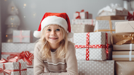 Little blonde girl wearing Christmas hat and sweater smiling looking at camera with lots of Christmas gifts boxes, white living room interior, closeup photo with copy space for banner or invitation