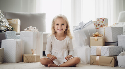 5 years old girl sitting on the floor with Christmas gifts in white living room, Christmas morning,...