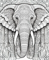 Mandala, black and white illustration for coloring animals, elephant.