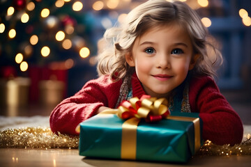Fototapeta na wymiar little girl with Christmas gift, a Small cute child holding a gift box with a red ribbon, giving receiving presents on holiday event
