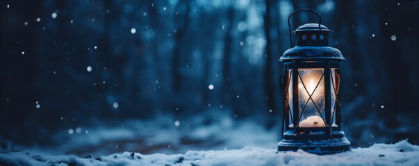 Fototapeta na wymiar Snowbound Lantern: Dark Sky-Blue and Navy, Nature-Inspired, Xmaspunk Aesthetic, Warmcore Glow, Precise Craftsmanship, Enchanting Woodland Scene