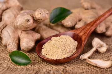 Ginger root and ginger powder in a wooden spoon.