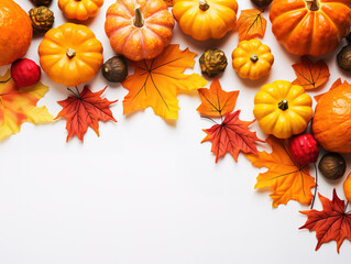 Autumn frame, Colorful maple leaves and pumpkins on white background. Generative Ai