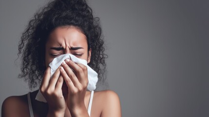 A woman with a runny nose wipes her nose with a paper tissue. Flu and colds. Seasonal diseases. - obrazy, fototapety, plakaty