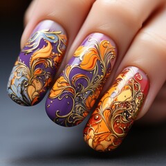 Beautiful women's nail models with colorful nail polish and beautiful flower patterns have a glamorous impression, good for blogs, design, business, beauty, catalog inspiration. Image Generative Ai