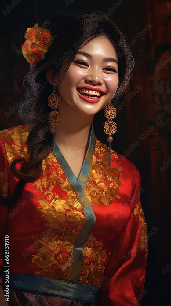 Wall mural Smiling woman in an elegant red dress, AI generative