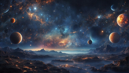 Naklejka na ściany i meble Artistic portrayal of a mesmerizing night sky with stars, planets, and celestial phenomena.