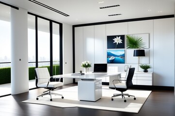modern living counter of office with chairs, table, pod trees, laptop, window and LED tv, modern office interior with desk