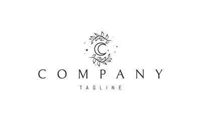 A vector logo with an abstract image of the moon framed by branches and leaves.