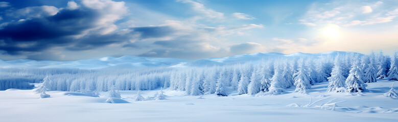 Beautiful winter snow background banner with snowdrifts, with beautiful light and snow flakes on the blue sky, beautiful bokeh circles, copy space, Ai generative.