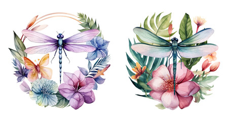 Watercolor dragonfly with jungle topical leaves and flowers, set, vector illustration, Generative Ai. - obrazy, fototapety, plakaty