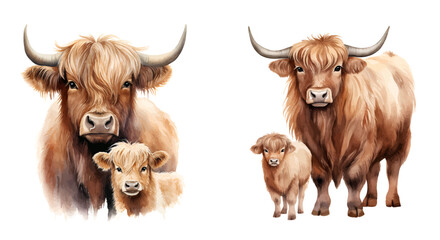 Watercolor yak with his cute baby, highland cow set, vector illustration, Generative Ai. 