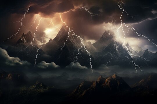 A 4k image of lightning striking over the mountains. Generative AI