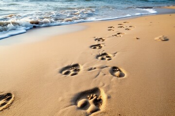 Playful Dog beach footprints. Travel top holiday. Generate Ai