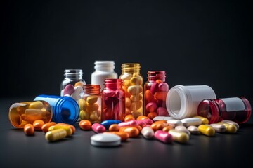 Various medicine pills, tablets, capsules in bottles. Generative AI