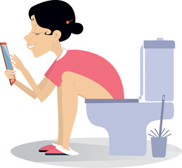 Woman  using a smartphone in the toilet. 
Using toilet. A young woman using smartphone in the toilet
