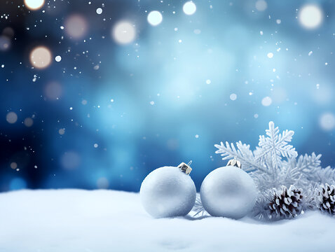 christmas backgrounds with snowflakes, christmas trees, christmas balls of decorations, image of frosted spruce branches and small drifts of pure snow with bokeh Christmas lights and space for text.