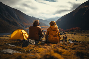 Happy couple in outwear sitting on the rocks near the tent camp against the backdrop of picturesque mountain landscape. Caucasian family is engaged in a mountain hiking. Tourism and active lifestyle.