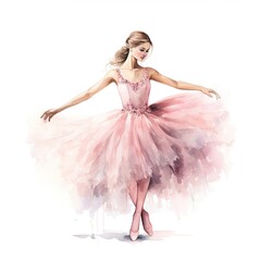 Watercolor illustration of a ballerina, young girl, tutu, pointe shoes, full length dancer
