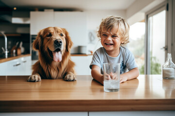 Cheerful little boy is posing with a golden retriever dog at the kitchen table. Funny kid and his...