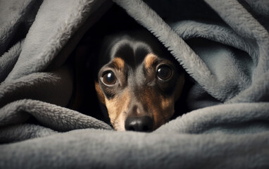 Small black and brown dog hiding under grey blanket