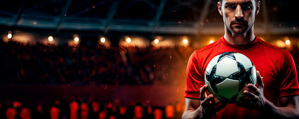  A football player in a red team T-shirt holds the ball against the background of the stadium
