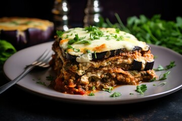 Eggplant lasagnas. Dinner meal cuisine. Generate Ai