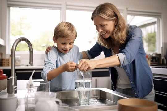 Сharming woman and a boy are in the kitchen at the sink watching water running from a tap. Сheerful, smiling mom and her kid are chatting happily. Loving mother communicates with her son at home.