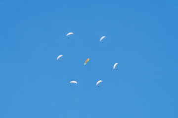 A group of paragliders in the shape of a circle (flower) in the air on the blue sky background....