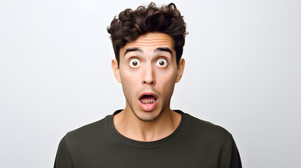 Young man with shocked surprised expression with wide open eyes and mouth, studio portrait, surprise shock - obrazy, fototapety, plakaty